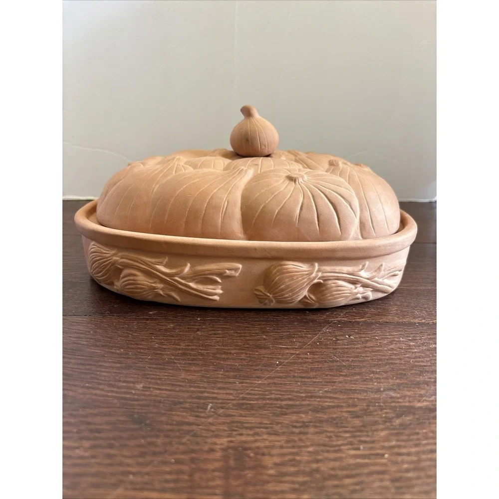 Terra Cotta Garlic Roaster Baking Dish‎ Casserole Oval Boston Warehouse 1994